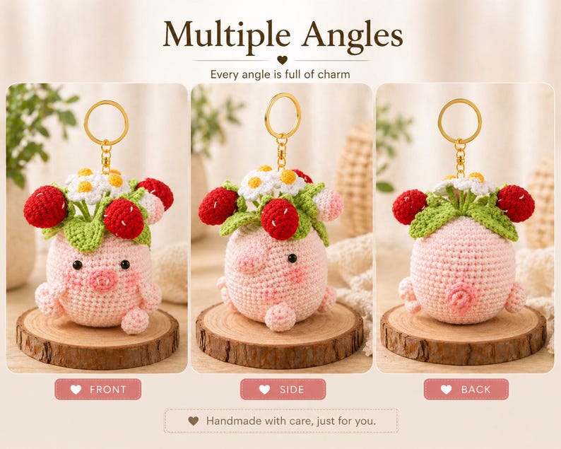 Crochet Pig Keychain with Strawberries & Daisies – Handmade Amigurumi Cute Animal Charm, Gift for Her, Kawaii Bag Charm, Mini Plush Keyring