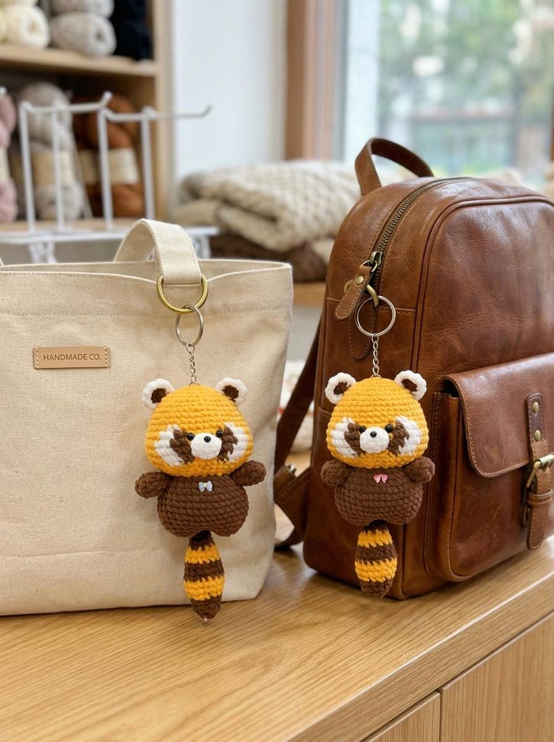 Cute Crochet Raccoon Keychain, Amigurumi Raccoon Charm, Kawaii Red Panda Bag Charm, Handmade Animal Keyring, Cute Gift Idea