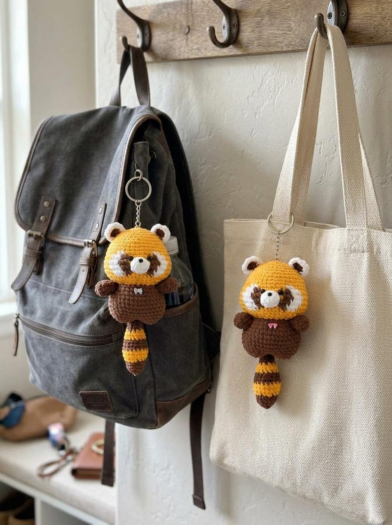Cute Crochet Raccoon Keychain, Amigurumi Raccoon Charm, Kawaii Red Panda Bag Charm, Handmade Animal Keyring, Cute Gift Idea