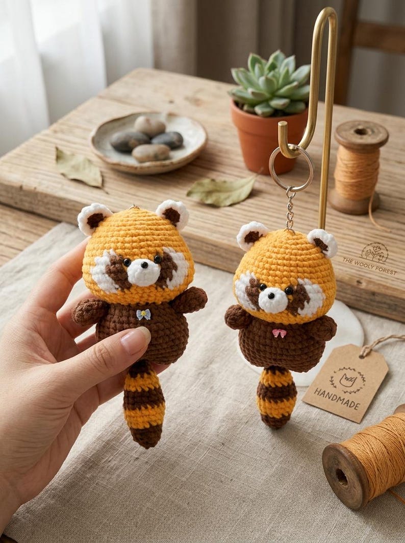 Cute Crochet Raccoon Keychain, Amigurumi Raccoon Charm, Kawaii Red Panda Bag Charm, Handmade Animal Keyring, Cute Gift Idea