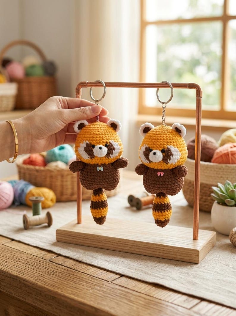 Cute Crochet Raccoon Keychain, Amigurumi Raccoon Charm, Kawaii Red Panda Bag Charm, Handmade Animal Keyring, Cute Gift Idea