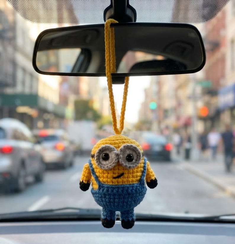 Yellow Buddy Crochet Car Mirror Charm | Handmade Amigurumi Car Hanging, Cute Rearview Decor, Car Accessory Gift for Him Her