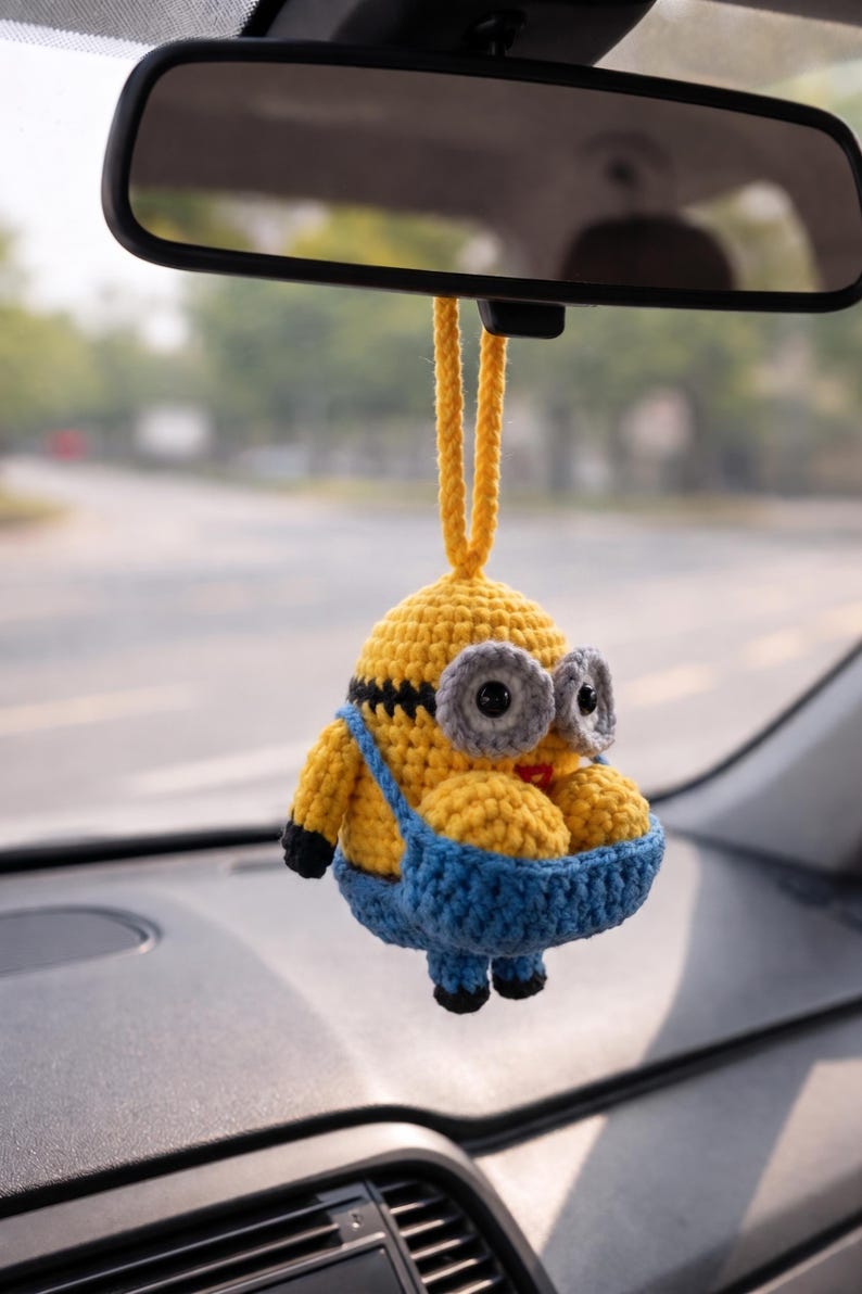Yellow Buddy Crochet Car Mirror Charm | Handmade Amigurumi Car Hanging, Cute Rearview Decor, Car Accessory Gift for Him Her