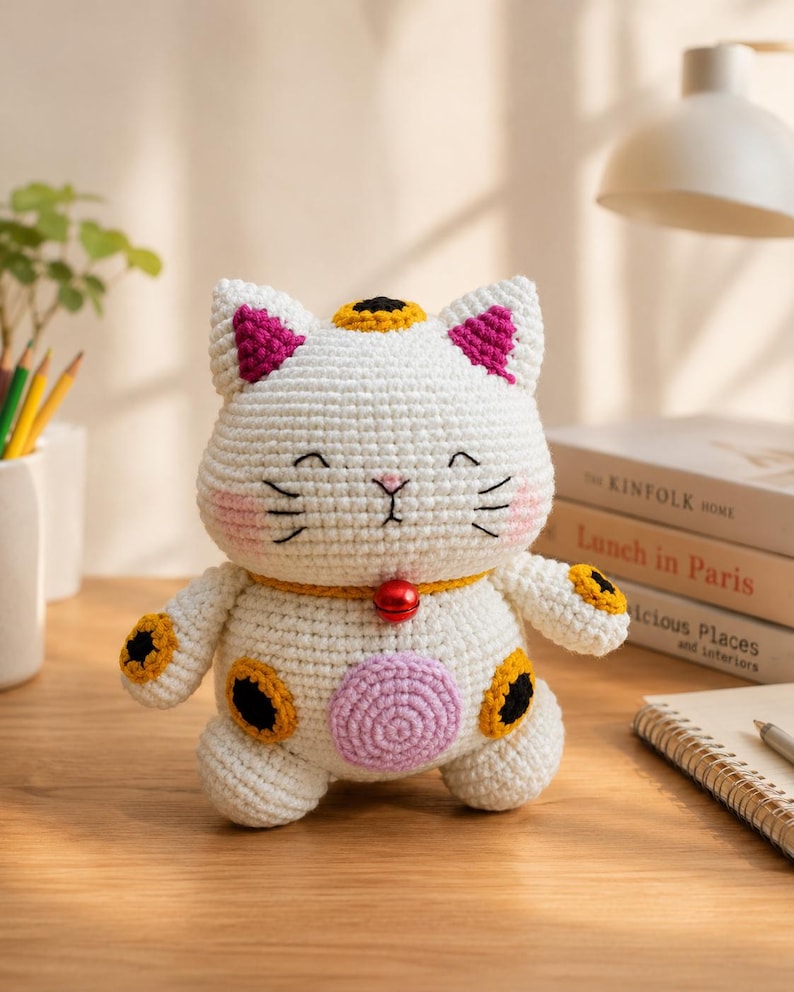 Handmade Crochet Lucky Cat Plush | Maneki Neko Amigurumi | Cute Desk Decor | Kawaii Crochet Cat Gift | Handmade Cat Doll