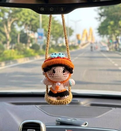 Crochet Anime Pirate Boy Car Hanging, Handmade Amigurumi Rearview Mirror Charm, Cute Crochet Doll Ornament, Pirate Adventure Characters