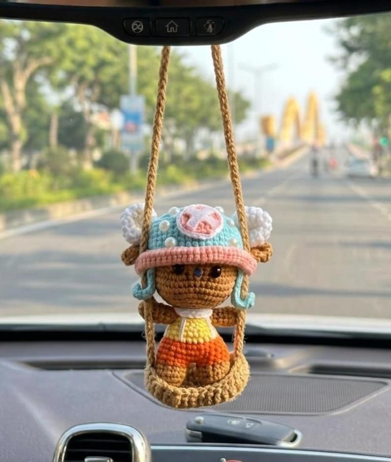 Crochet Anime Pirate Boy Car Hanging, Handmade Amigurumi Rearview Mirror Charm, Cute Crochet Doll Ornament, Pirate Adventure Characters