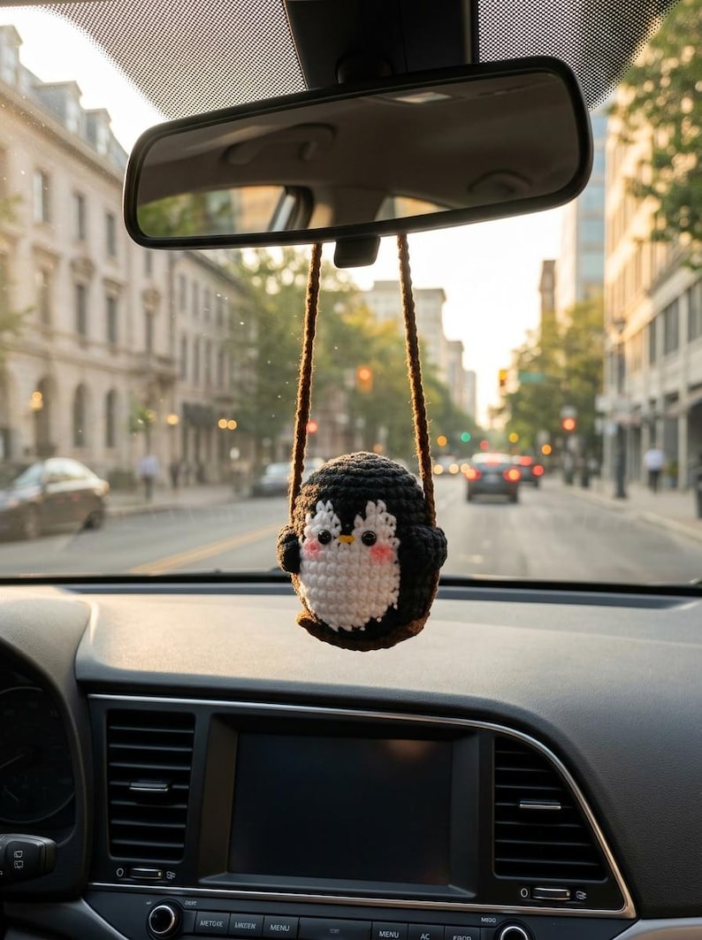 Cute Swinging Penguin Car Mirror Hanging Accessories, Crochet Penguin Ornaments, Gift For Her, Car Decorations, Car Charm, New Car Gift Idea