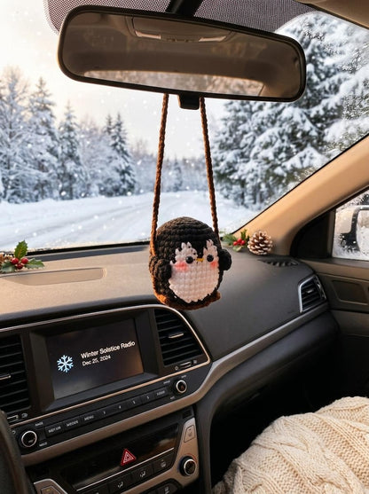 Cute Swinging Penguin Car Mirror Hanging Accessories, Crochet Penguin Ornaments, Gift For Her, Car Decorations, Car Charm, New Car Gift Idea