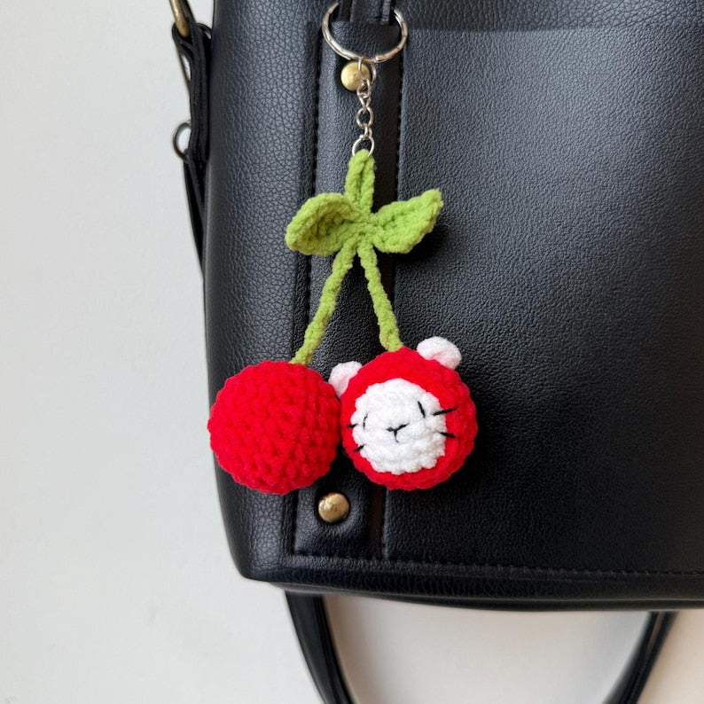 Cute Crochet Cherry Cat Keychain, Handmade Amigurumi Cat Bag Charm, Kawaii Cat Keyring, Gift for Her, Cute Backpack Charm