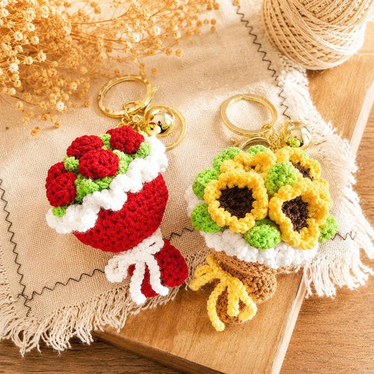 Crochet Flower Bouquet Keychain, Handmade Mini Flower Bouquet, Cute Crochet Bag Charm, Amigurumi Keychain, Floral Car Mirror Hanging Decor