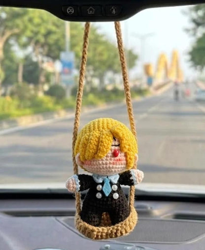Crochet Anime Pirate Boy Car Hanging, Handmade Amigurumi Rearview Mirror Charm, Cute Crochet Doll Ornament, Pirate Adventure Characters