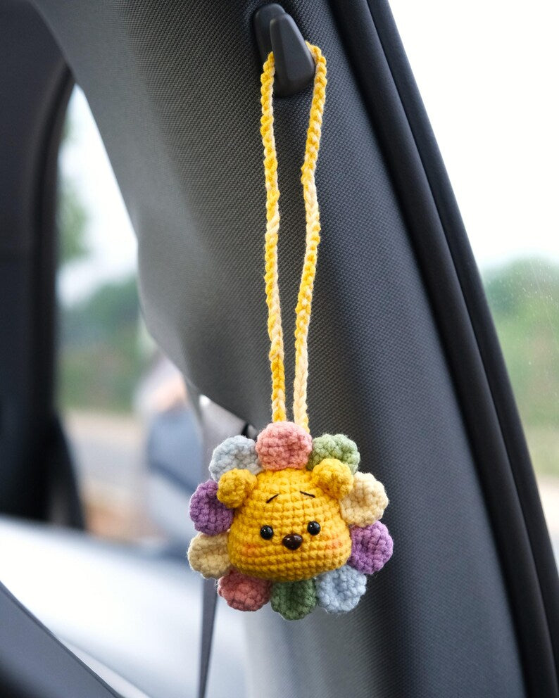 Crochet Bear Car Mirror Hanging Accessory, Rainbow Sunflower Bear/Piggy/Bunny Car Rear View Mirror Accessory, Cute Car Interior Accessory