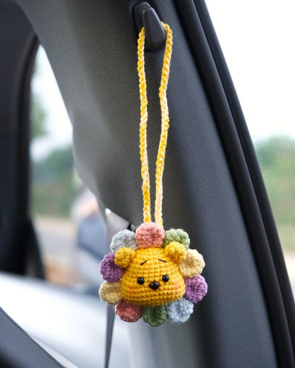 Crochet Bear Car Mirror Hanging Accessory, Rainbow Sunflower Bear/Piggy/Bunny Car Rear View Mirror Accessory, Cute Car Interior Accessory
