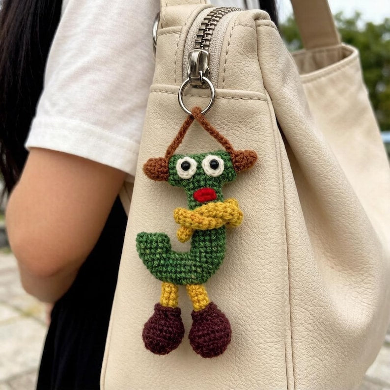 Artisan wool yarn letter J key charm, sack adornment, monogram dangling trinket, birthday milestone memento, Yuletide tote embellishment