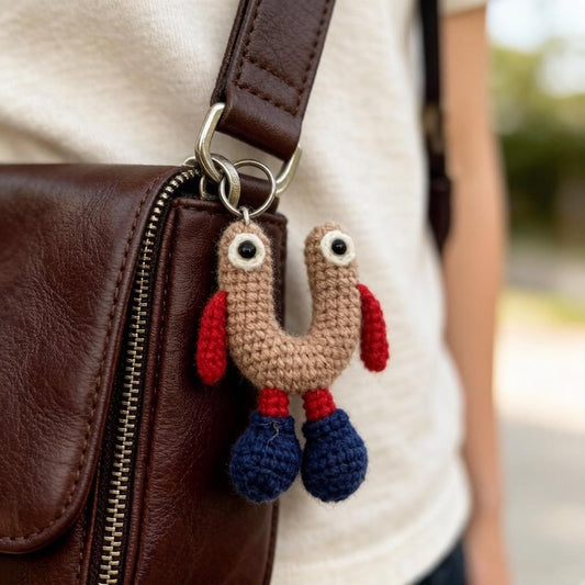 Artisan wool crochet capital U charm, keyring ornamental trim, sack adornment, paired monogram dangling trinket, Yuletide tote embellishment