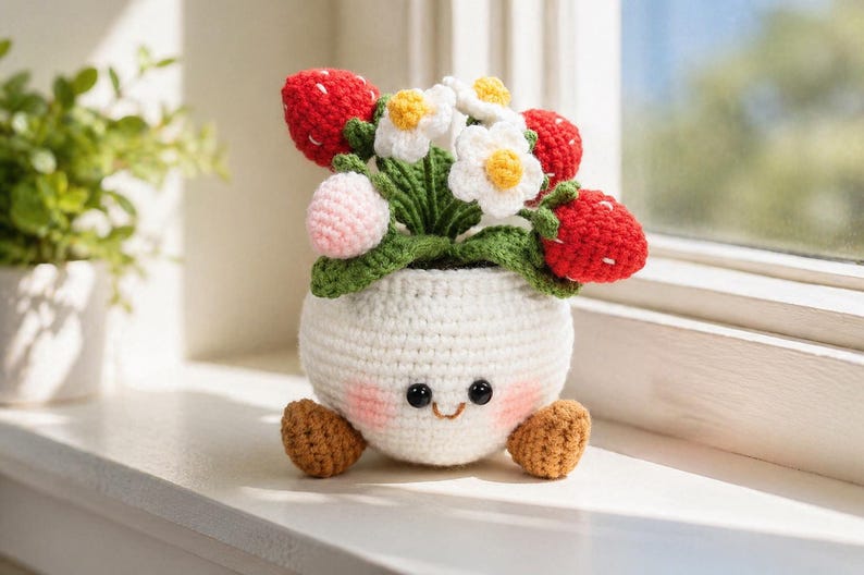 Smiling Strawberry Crochet Flower Pot, Handmade Kawaii Desk Decor, Cute Gift for Her, Birthday Gift, Anniversary Gift