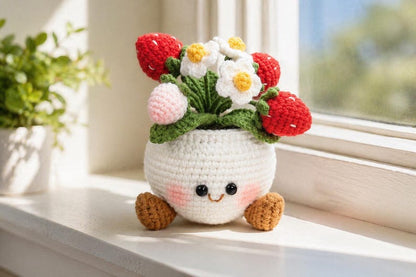 Smiling Strawberry Crochet Flower Pot, Handmade Kawaii Desk Decor, Cute Gift for Her, Birthday Gift, Anniversary Gift