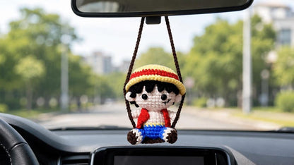 Crochet Straw Hat Pirate Keychain with Stretchy Arms | Handmade Amigurumi Bag Charm, Anime Fan Gift, Pirate Boy
