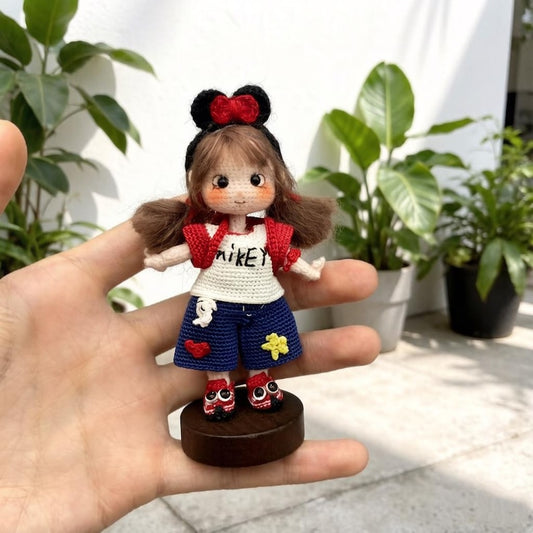 Hand Crochet Mickey Inspired Girl Sculpture Wool Thread Crochet Plaything Celebration Embellishment Desktop Trinkets Christmas Holiday Goods