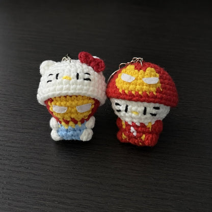Red Gold Hero Kitty Crochet Keychain Set | Matching Couple Amigurumi Doll, Iron Style Masked Charm, Superhero Couple Gift for Her