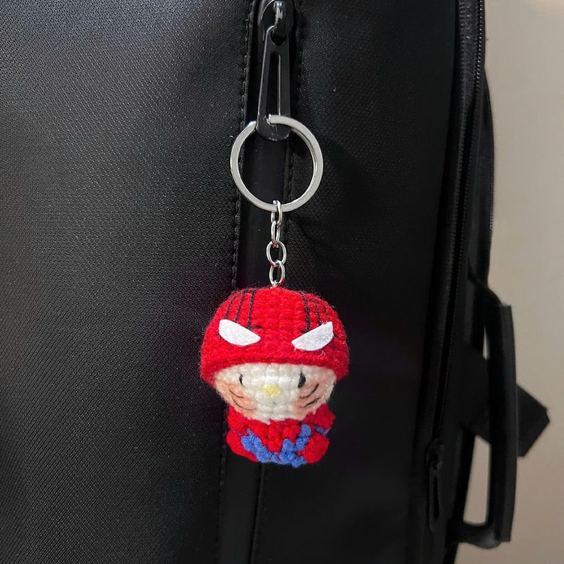 Red Gold Hero Kitty Crochet Keychain Set | Matching Couple Amigurumi Doll, Iron Style Masked Charm, Superhero Couple Gift for Her