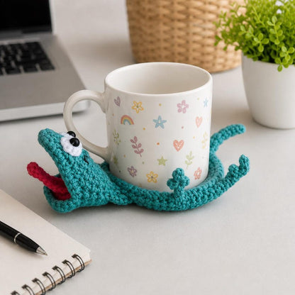 Crochet Lizard Coaster Mug Rug – Handmade Amigurumi Animal Cup Holder, Funny Green Reptile Coaster Desk Decor, Cute Handmade Drink Mat