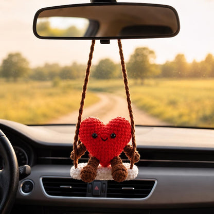 Crochet Heart Car Hanging, Handmade Amigurumi Heart Plush, Rear View Mirror Ornament, Cute Heart Decor, Romantic Gift for Her