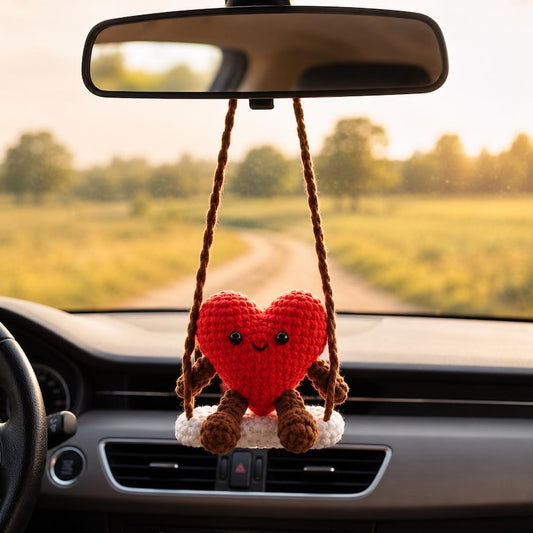 Crochet Heart Car Hanging, Handmade Amigurumi Heart Plush, Rear View Mirror Ornament, Cute Heart Decor, Romantic Gift for Her