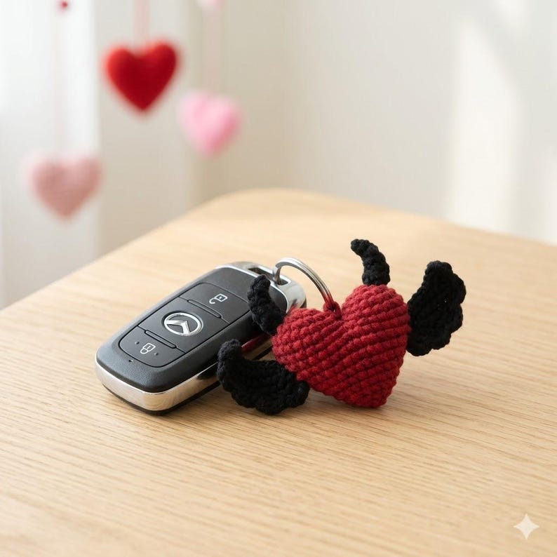 Crochet Heart Car Hanging, Handmade Amigurumi Heart Plush, Cute Rear View Mirror Charm, Kawaii Heart Decor, Birthday Gift for Her