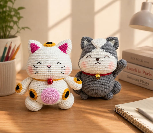 Handmade Crochet Lucky Cat Plush | Maneki Neko Amigurumi | Cute Desk Decor | Kawaii Crochet Cat Gift | Handmade Cat Doll