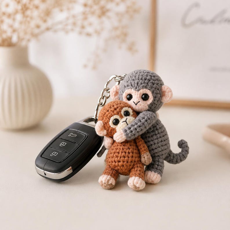 Crochet Mom & Baby Monkey Keychain, Handmade Amigurumi Monkey Bag Charm, Cute Animal Keychain, Mother’s Day Gift, Gift for Her