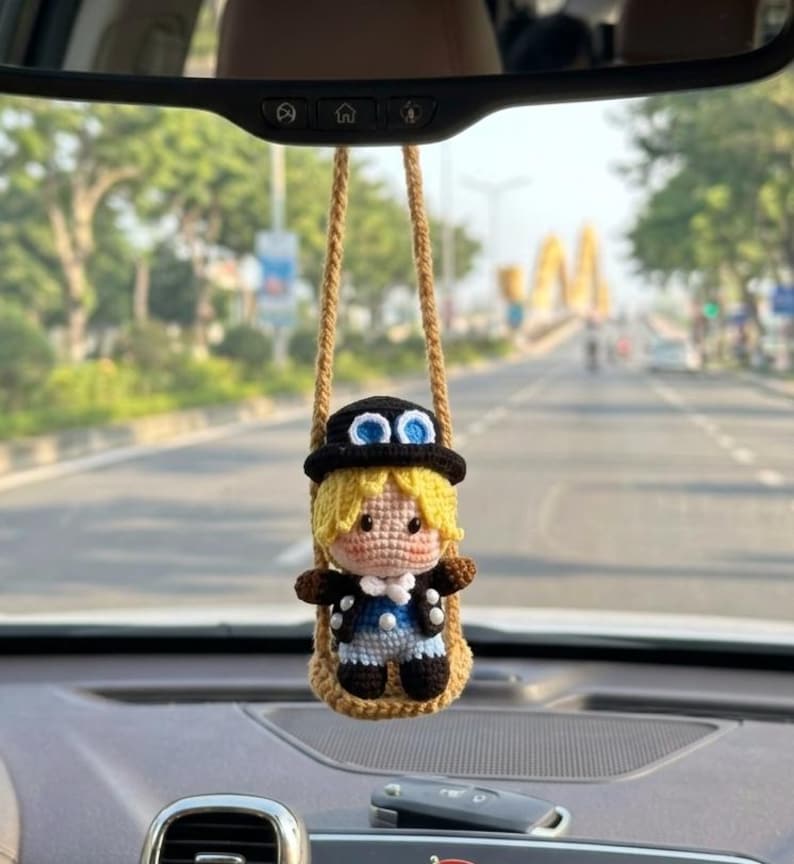 Crochet Anime Pirate Boy Car Hanging, Handmade Amigurumi Rearview Mirror Charm, Cute Crochet Doll Ornament, Pirate Adventure Characters