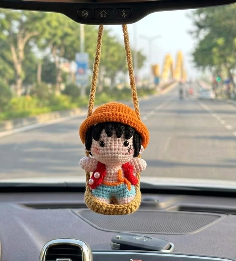 Crochet Anime Pirate Boy Car Hanging, Handmade Amigurumi Rearview Mirror Charm, Cute Crochet Doll Ornament, Pirate Adventure Characters