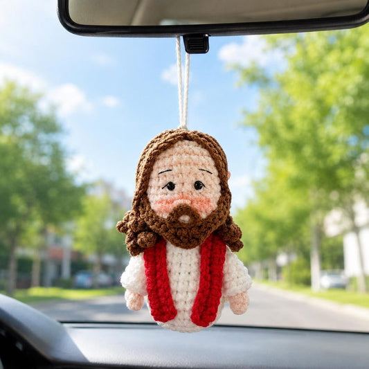Crochet Jesus Car Hanging, Christian Rearview Mirror Hanging, Handmade Faith Gift, Jesus Amigurumi, Religious Gift, Church Friend Gift