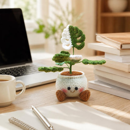 Crochet Smiling Monstera Leaf Pot, Handmade Succulent Plant Gift, Cute Desk Decor, Office Decor, Gift for Mom, Small Plant Gift