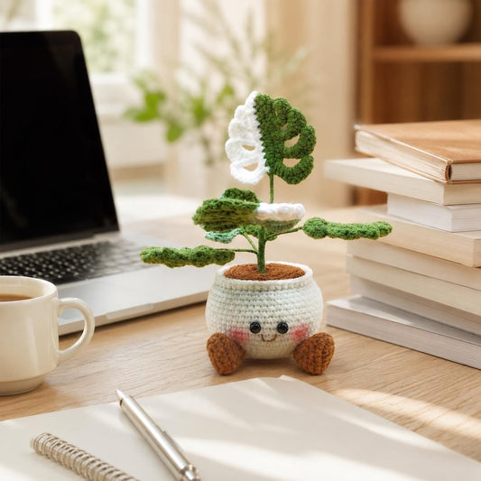Crochet Smiling Monstera Leaf Pot, Handmade Succulent Plant Gift, Cute Desk Decor, Office Decor, Gift for Mom, Small Plant Gift
