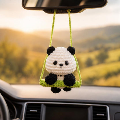 Handmade Crochet Panda Car Hanging Charm, Rearview Mirror Ornament, Cute Car Accessory, Small Gift for Her, Amigurumi Car Decor