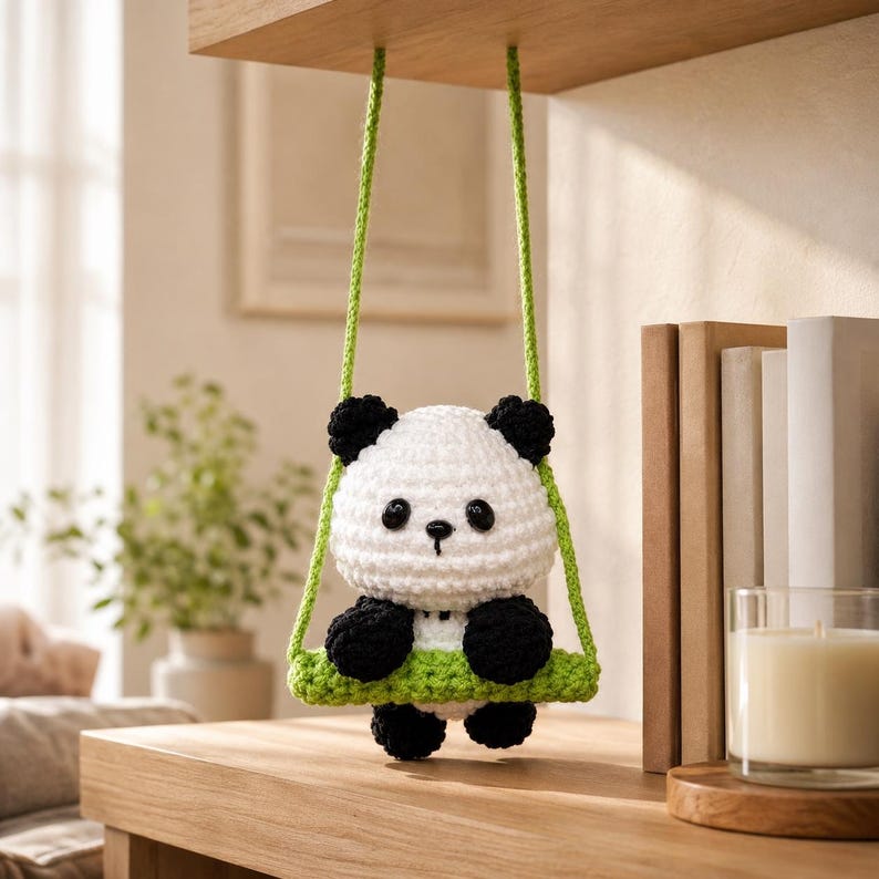 Handmade Crochet Panda Car Hanging Charm, Rearview Mirror Ornament, Cute Car Accessory, Small Gift for Her, Amigurumi Car Decor