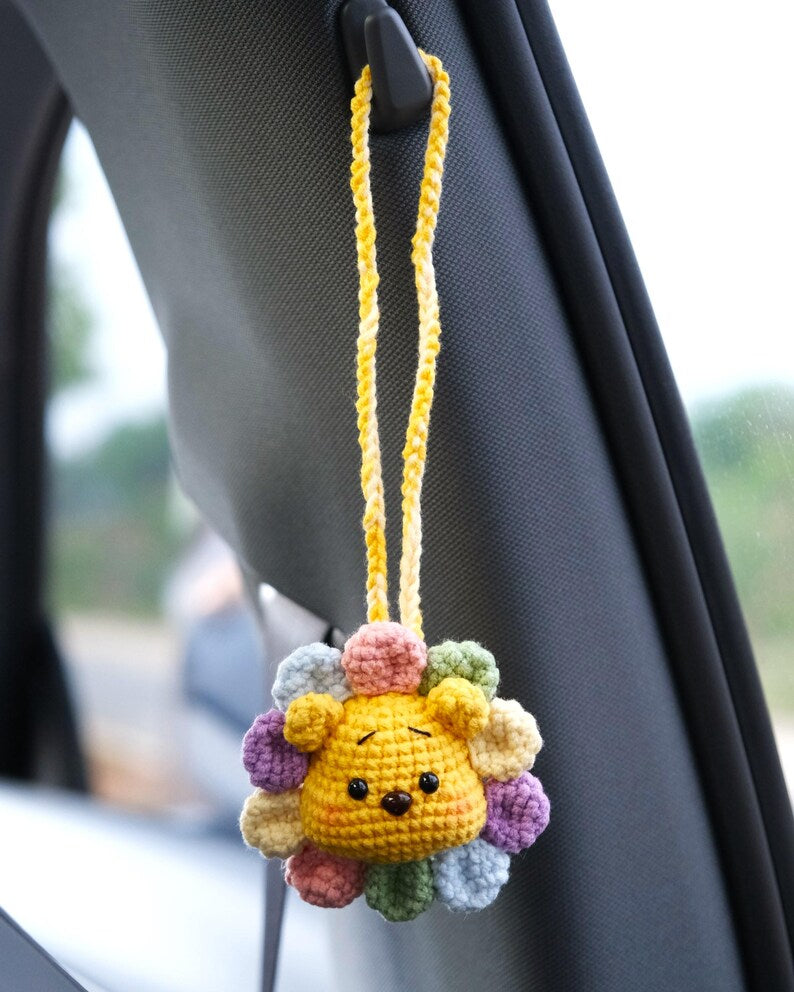 Crochet Bear Car Mirror Hanging Accessory, Rainbow Sunflower Bear/Piggy/Bunny Car Rear View Mirror Accessory, Cute Car Interior Accessory