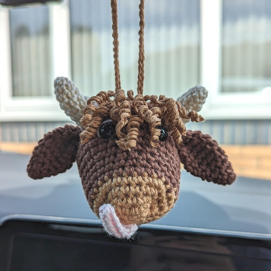 Crochet Highland Cow Car Charm | Cow Rearview Mirror Hanger