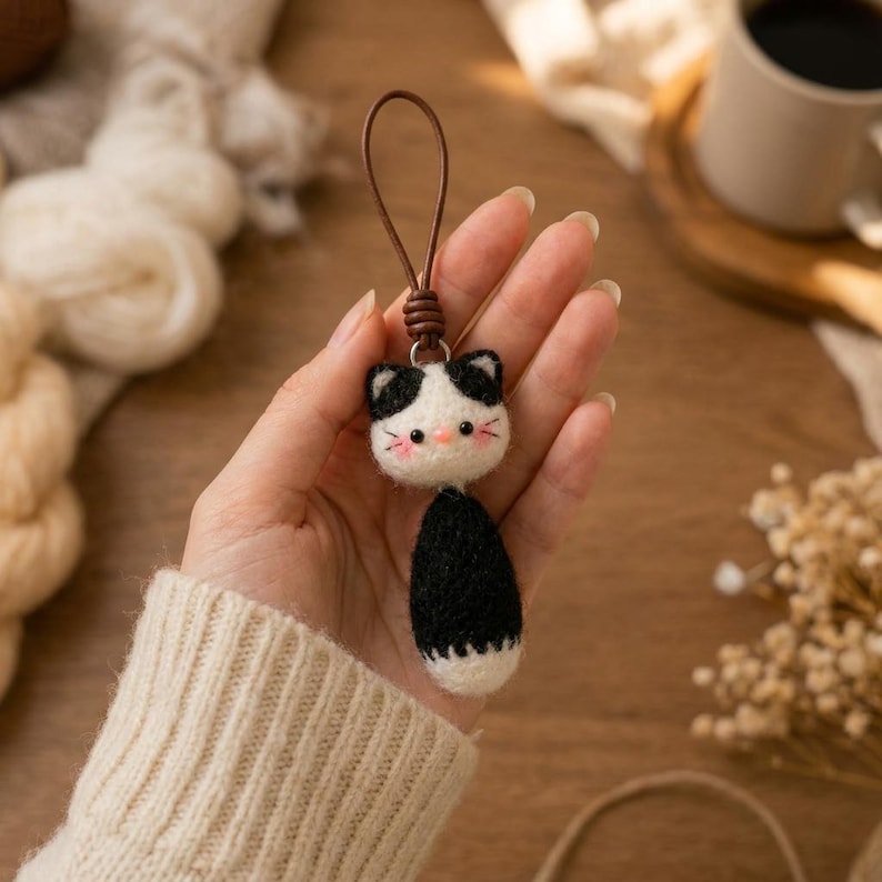 Crochet Cat Rearview Mirror Charm, Fluffy Kitten Car Hanging Accessories, Kawaii Anime Car Accessories for Women/Teen, Rearview Mirror Decor