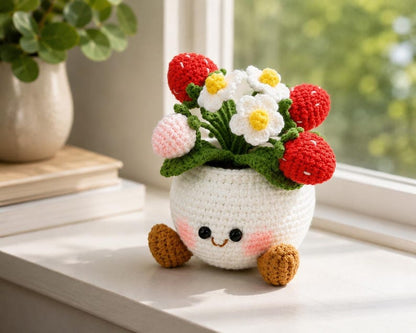 Smiling Strawberry Crochet Flower Pot, Handmade Kawaii Desk Decor, Cute Gift for Her, Birthday Gift, Anniversary Gift