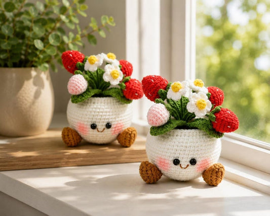 Smiling Strawberry Crochet Flower Pot, Handmade Kawaii Desk Decor, Cute Gift for Her, Birthday Gift, Anniversary Gift
