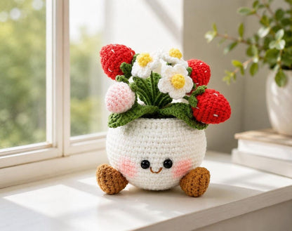 Smiling Strawberry Crochet Flower Pot, Handmade Kawaii Desk Decor, Cute Gift for Her, Birthday Gift, Anniversary Gift