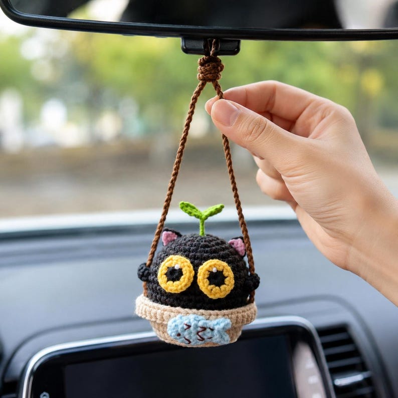 Soot Sprite Crochet Car Charm | Handmade Crochet Swing Ornament | Cute Amigurumi Car Mirror Decor