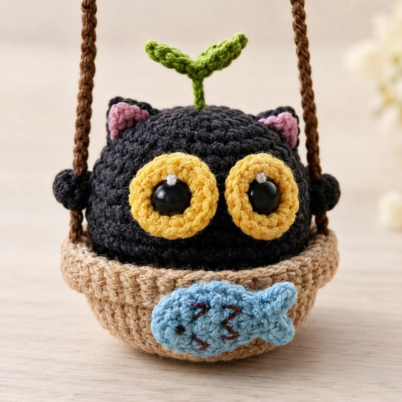 Soot Sprite Crochet Car Charm | Handmade Crochet Swing Ornament | Cute Amigurumi Car Mirror Decor