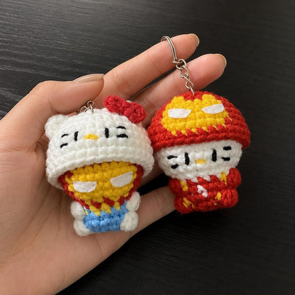 Red Gold Hero Kitty Crochet Keychain Set | Matching Couple Amigurumi Doll, Iron Style Masked Charm, Superhero Couple Gift for Her