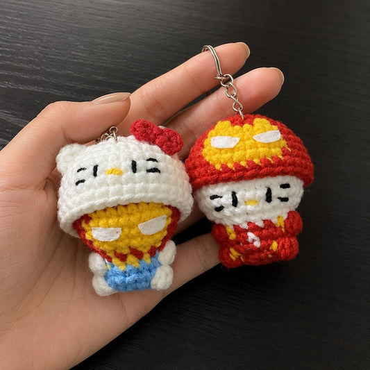 Red Gold Hero Kitty Crochet Keychain Set | Matching Couple Amigurumi Doll, Iron Style Masked Charm, Superhero Couple Gift for Her