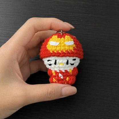 Red Gold Hero Kitty Crochet Keychain Set | Matching Couple Amigurumi Doll, Iron Style Masked Charm, Superhero Couple Gift for Her