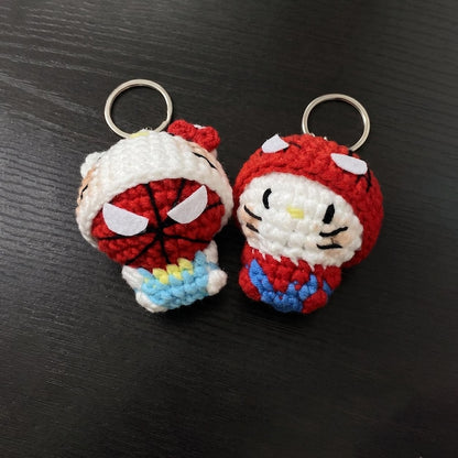 Red Gold Hero Kitty Crochet Keychain Set | Matching Couple Amigurumi Doll, Iron Style Masked Charm, Superhero Couple Gift for Her